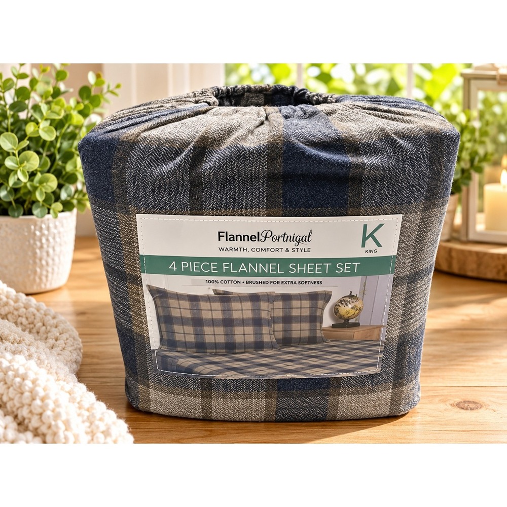 Flannel Portugal King 4-Piece Flannel Sheet Set Plaid Cozy Cabin Lodge Cotton
